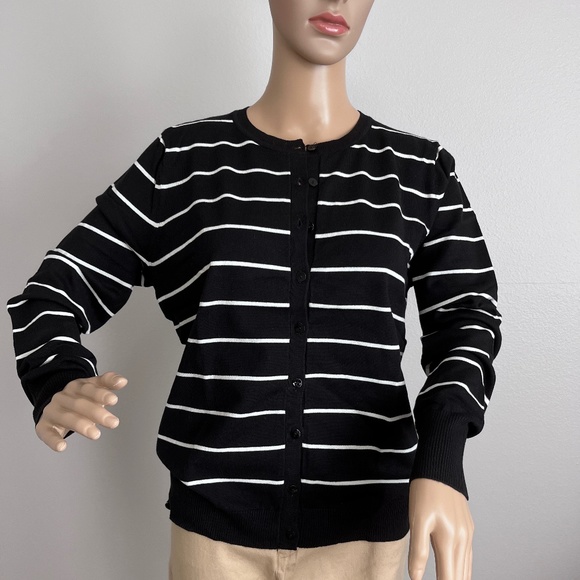 August Silk Women’s Black/White Striped Cardigan size L - Picture 2 of 9